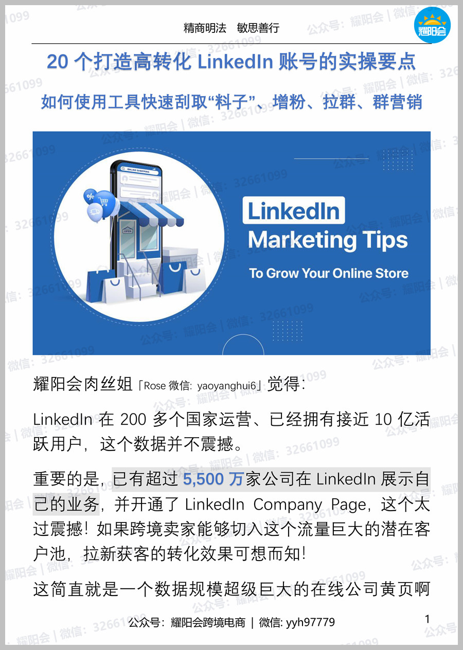 40页, 8,409字 | 20个打造高转化LinkedIn账号的实操要点，如何使用工具快速刮取“料子”、增粉、拉群、群营销